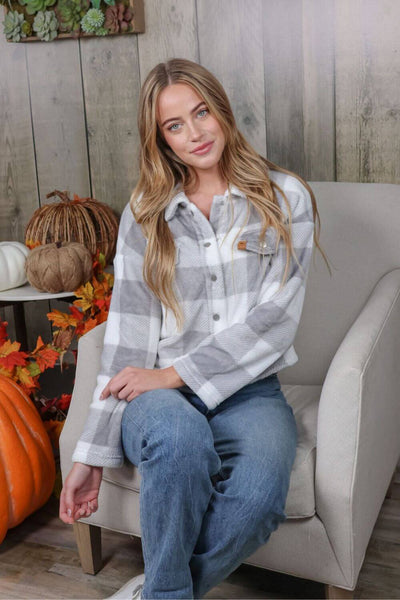 Womens Simply Southern Furry Snap Shacket for Women in Grey Plaid