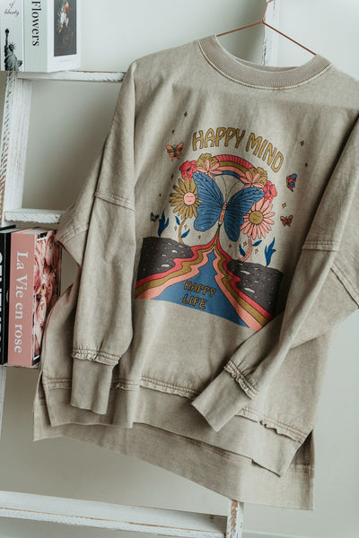 Simply Southern Happy Mind Distressed Pullover for Women in Cream