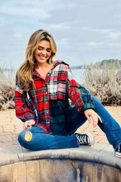 Simply Southern Holiday Multi Plaid Oversized Flannel for Women in Red