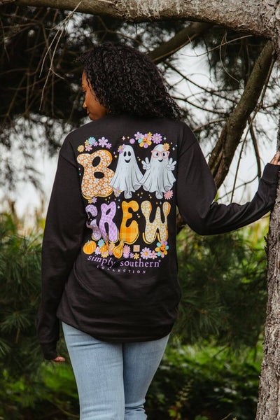 Simply Southern Long Sleeve Shirts Boo Crew T-Shirt for Women in Black