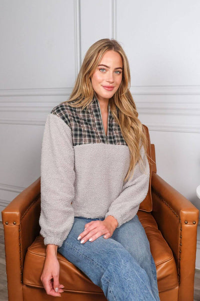 Simply Southern Simply Soft Plaid Chest Quarter Zip Pullover for Women in Cloud