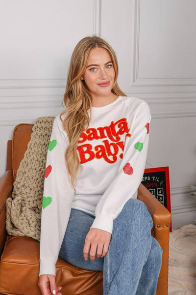 Simply Southern Sparkle Santa Baby Sweatshirt for Women in White