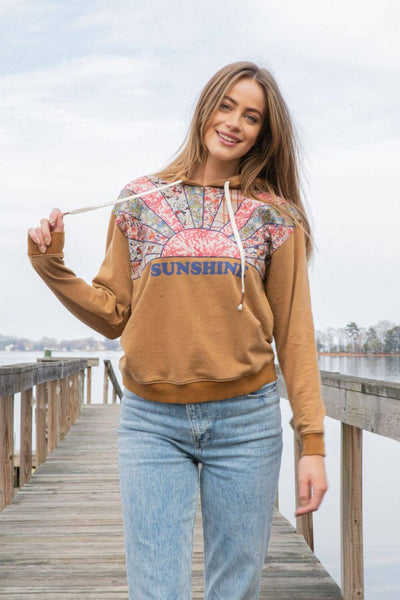 Simply Southern Sunshine Patchwork Hoodie for Women in Brown