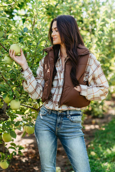Simply Southern Womens Cropped Puffer Vest for Women in Mocha Brown