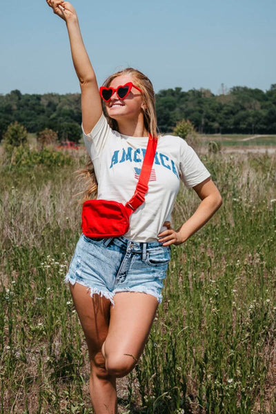 America with Flag Graphic T-Shirt for Women in Ivory