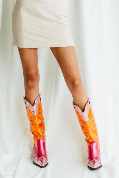 Azalea Wang Hendrix Tall Cowboy Boots For Women in Pink Multi