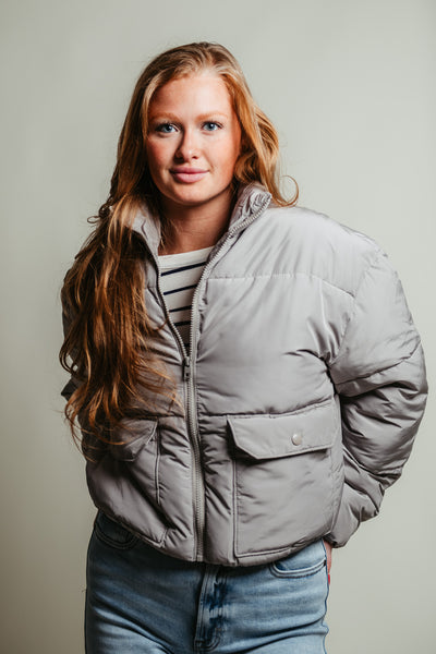 Love Tree Waist Length Puffer Jacket for Women in Grey