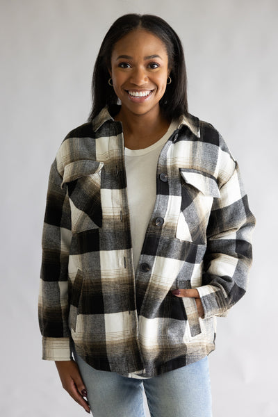 Love Tree Sherpa Lined Plaid Jacket for Women in Black Plaid