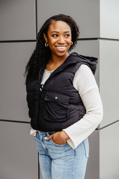 Love Tree Hooded Zipper Puffer Vest for Women in Black