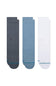 Three pairs of Stance crew socks in dark gray, dusty blue, and white, arranged side-by-side on a plain white background.