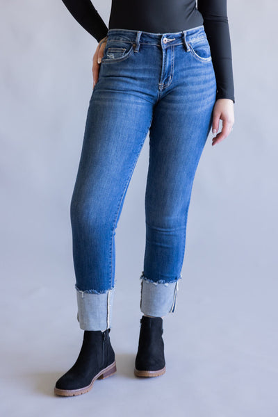 Mica Mid-Rise Cuffed Slim Straight Jeans for Women in Dark Wash