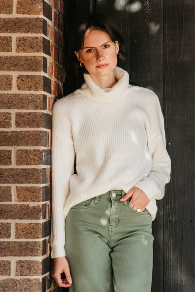 Miracle Clothing Turtleneck Cutout Sweater for Women in White