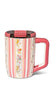 Travel mug with floral and stripe pattern and pink accents