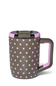 A brown insulated travel mug with pink polka dots, a pink handle, and a matching pink lid, shown on a white background.