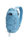 A light blue The North Face Salis backpack with crisscross compression straps on the front, shown against a plain white background.