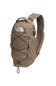 A The North Face single-strap sling backpack in a warm brownish-tan color, featuring the brand's logo on the front and adjustable webbing straps, set against a plain white background.