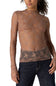 A woman wearing a sheer, long-sleeve lace top in a dusty rose-brown color, paired with dark blue jeans, shown from the back against a plain white background.