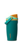 A teal Owala insulated tumbler with a matching carrying loop, featuring a light teal rim, a yellow band, and an orange flip-top lid, shown on a plain white background.