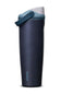 Front view of an upright Owala FreeSip Sway 40 oz insulated water bottle in the Blue Steel colorway. Features a matte dark navy blue body with a light blue Owala logo near the base, a teal blue lid accent and bucket carry handle, and a light grey push-button cap.