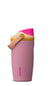 A pink Owala insulated water bottle with a bright pink lid, a beige carrying loop, and a yellow band, shown on a plain white background.