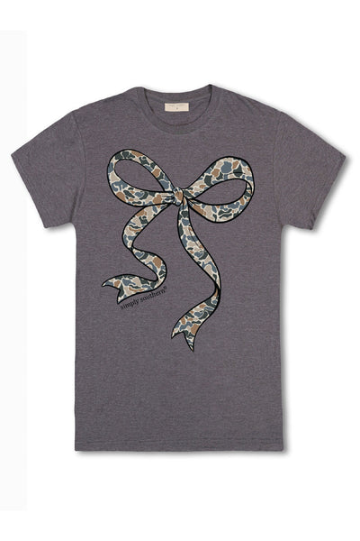 Simply Southern Plus Size Old Camo Bow T-Shirt for Women in Iron Heather