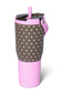 A pink and brown polka-dotted insulated travel tumbler with a matching pink straw and lid, shown on a clean white background.