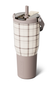 A plaid insulated travel tumbler with a matching beige lid and carry loop, shown on a clean white background.