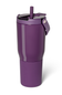 A purple insulated travel tumbler with a matching purple lid and carry loop, shown on a clean white background.