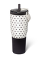 A 32 oz insulated tumbler by Isomate, featuring a white upper body with black polka dots, a black lower section, and a black lid with a clear straw insert and white carry loop, shown on a white background.