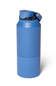 A blue insulated water bottle with a matching blue flip-top lid and black collar, shown on a clean white background.