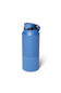 A blue insulated water bottle with a matching blue flip-top lid and black collar, shown on a clean white background.