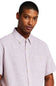 Weatherproof Vintage Cotton Linen Solid Button Down Shirt for Men in Rose; Man wearing a light purple short-sleeve shirt on a white background