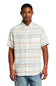 Weatherproof Vintage Striped Country Twill Button Up Shirt for Men in Capri Blue; Man wearing a striped shirt and jeans on a white background