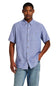 Weatherproof Vintage Cotton Linen Stripe Button Down Shirt for Men in Infinity Blue; Man wearing a blue short-sleeve button-up shirt and jeans on a white background