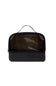 A black toiletry bag with a transparent window showing toiletries inside, featuring a top handle and a debossed logo on the front.