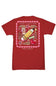 A red short-sleeve t-shirt with a large graphic print on the back, featuring a pink scalloped border, a yellow pencil, a red apple, and the text 'TEACHING IS A WORK OF ART' and 'simply southern' below it.