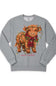 A heather gray crewneck sweatshirt featuring a graphic of a brown Scottish Highland cow wearing a red plaid scarf and holiday string lights, with the text 'simply southern' printed below.