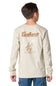 A child shown from the back wearing a light beige long-sleeve t-shirt with a brown Carhartt logo and cowboy graphic on the back, paired with blue jeans against a white background.