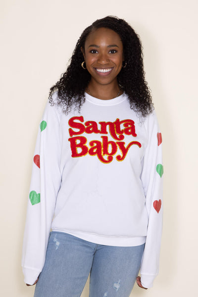 Simply Southern Sparkle Santa Baby Sweatshirt for Women in White