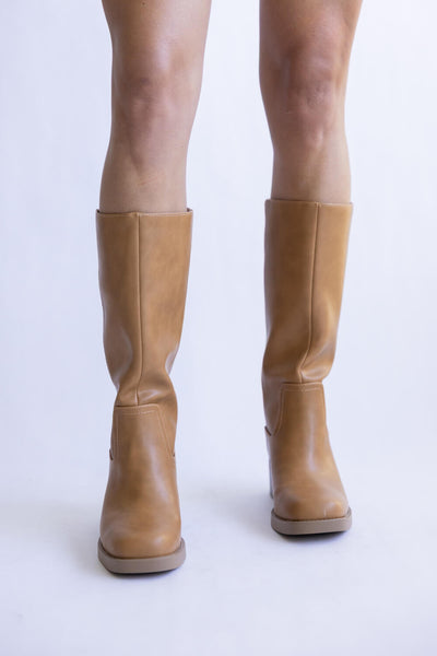 Soda Mid Calf Faux Leather Boots for Women in Natural