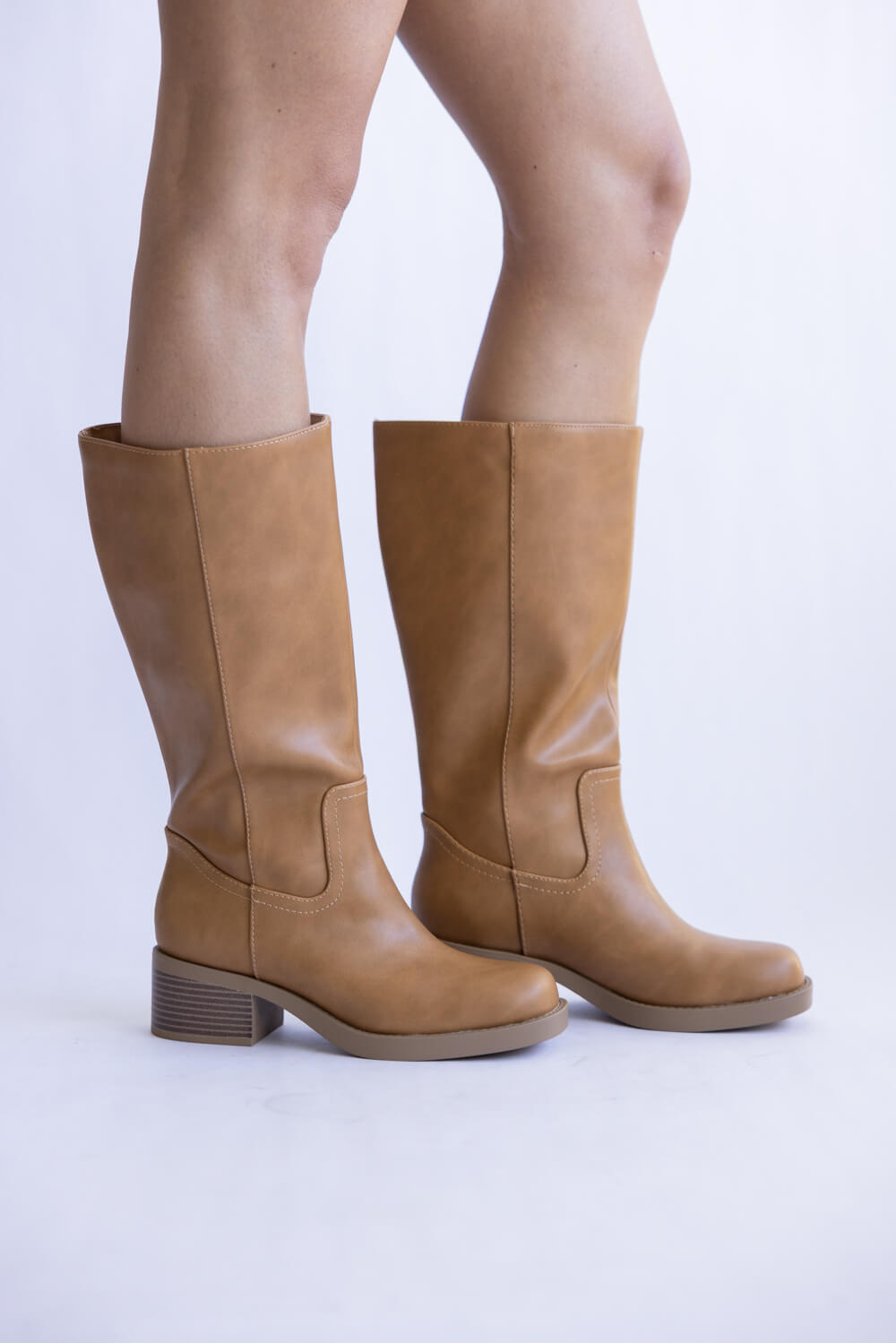 Soda Mid Calf Faux Leather Boots for Women in Natural at Glik's , 8.5