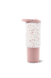 A travel tumbler with a dusty pink base and lid, featuring a white body printed with a small pink and orange floral pattern, shown on a white background.