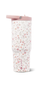 A HydroJug travel tumbler with a white background covered in a delicate pink and red floral pattern, featuring a light pink lid with a flip-up straw cover.