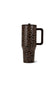 A tall travel tumbler with a brown and black leopard print pattern, featuring a black handle and lid, shown on a plain white background.