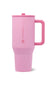 A pink HydroJug travel tumbler with a matching pink lid and handle, shown on a clean white background.