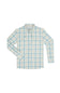 A long-sleeve plaid button-down shirt in a light blue, beige, and white pattern, displayed flat against a solid white background.