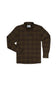 A dark brown and black plaid button-down shirt jacket with two chest flap pockets, displayed flat against a solid white background.