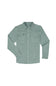 A sage green long-sleeve western-style button-up shirt with two chest pockets, laid flat on a white background.