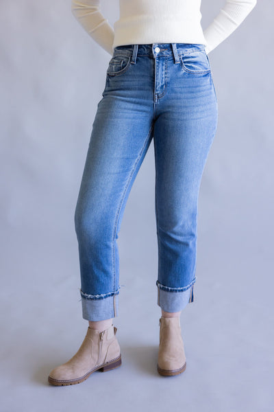 Vervet Daphne High-Rise Cuffed Straight Jeans for Women in Medium Wash
