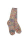 A pair of hand-knit crew socks featuring a vibrant, multicolored variegated pattern of pink, blue, yellow, green, and purple yarn, displayed against a solid white background.